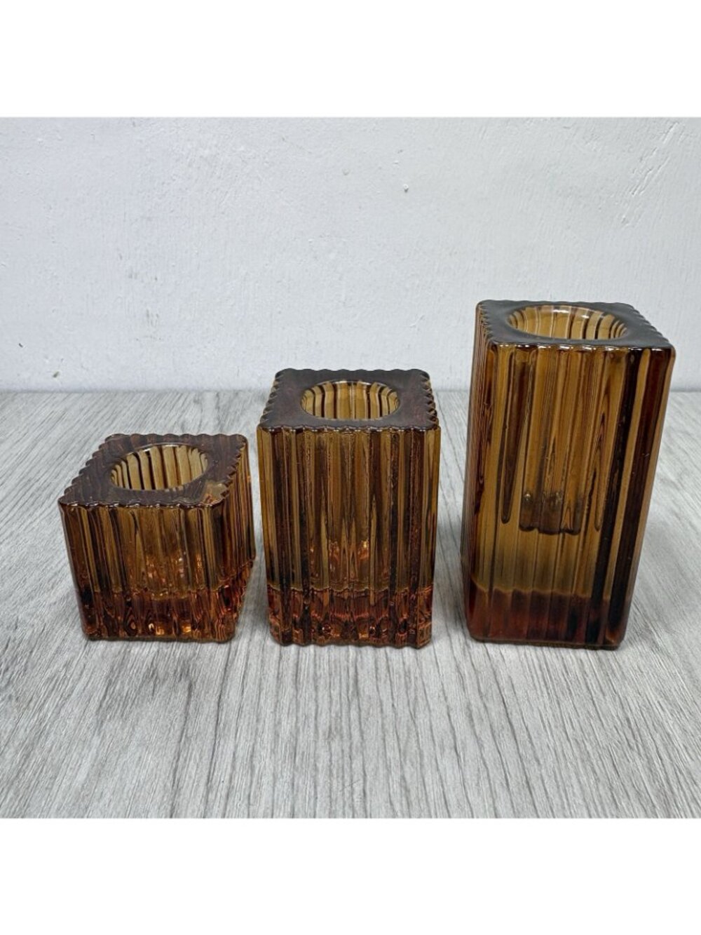 3 Amber Candlestick Holder Lot Candle Square MCM - Picture 4 of 7